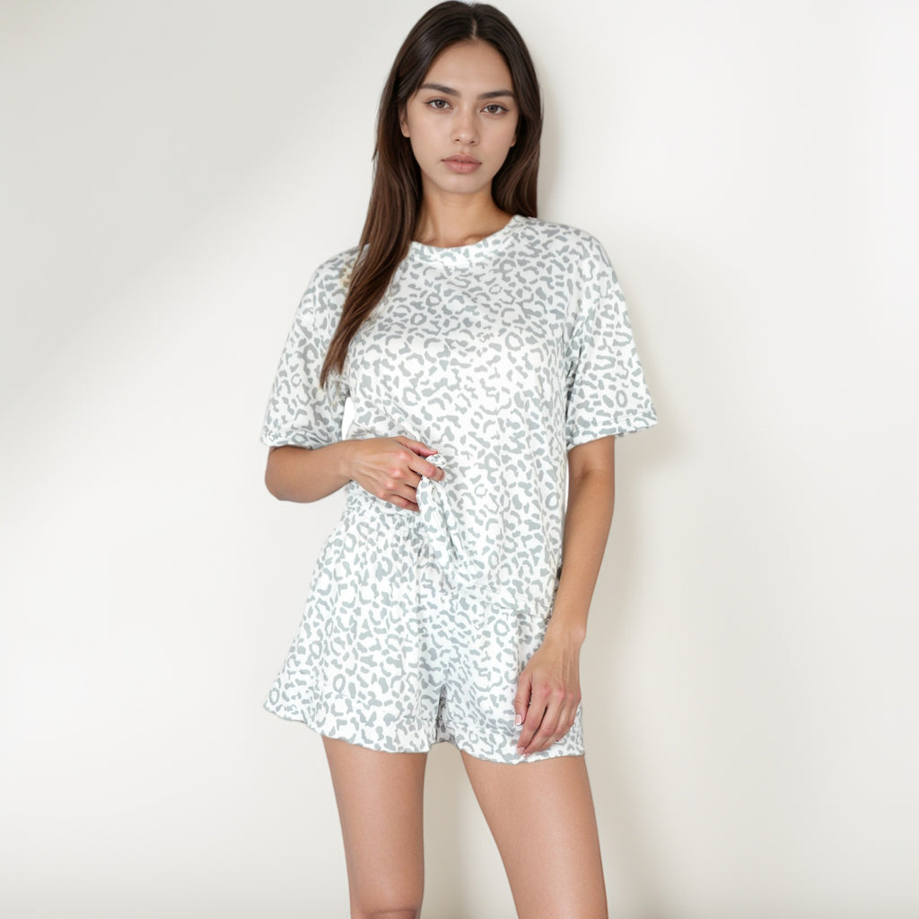Anna-Kaci Lounge Women's Leopard Print Short Sleeve Sleepwear Set with Crew Neck Top and Matching Shorts