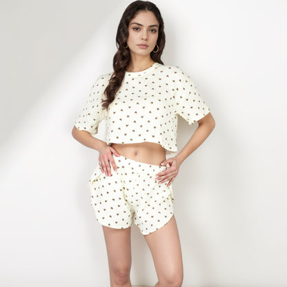 Anna-Kaci Lounge Women's Heart Print Waffle Knit Sleepwear Set with Cropped Tee and Elastic Waist Shorts