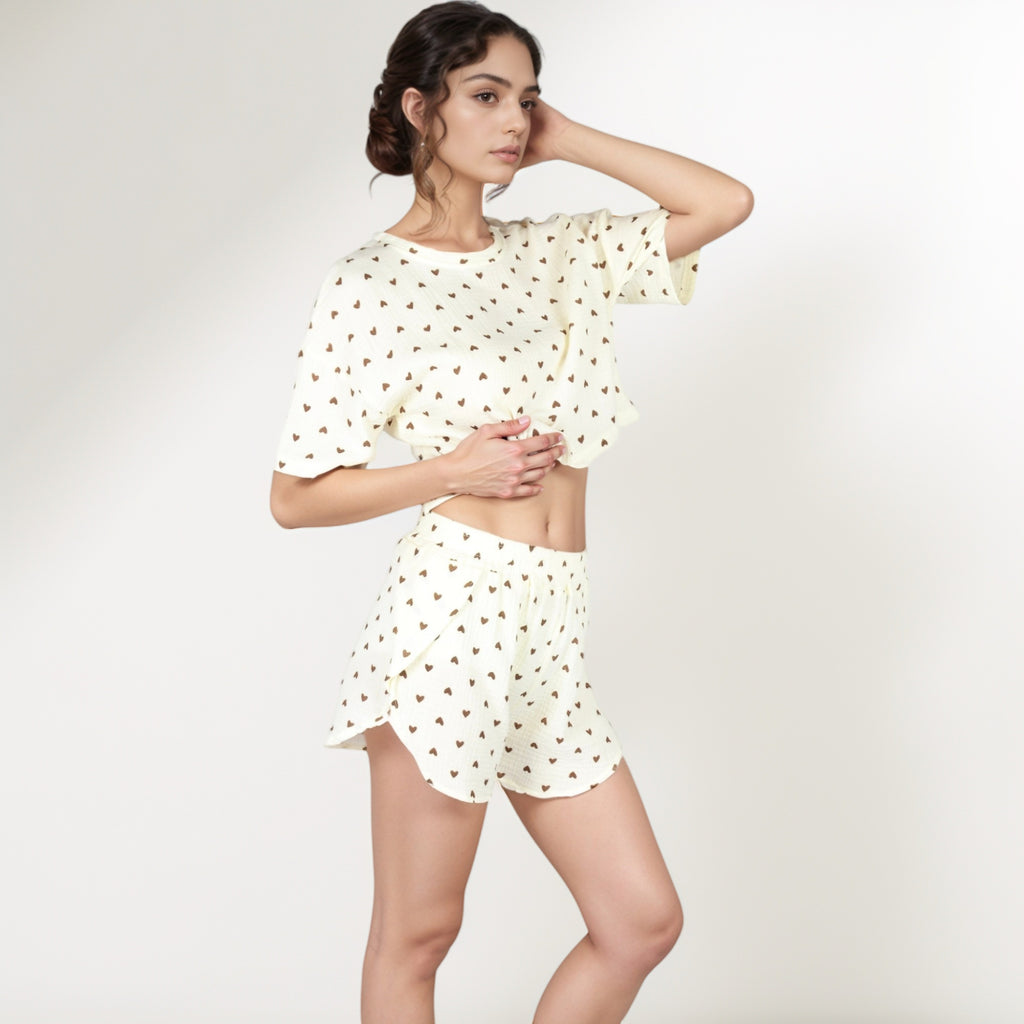 Anna-Kaci Lounge Women's Heart Print Waffle Knit Sleepwear Set with Cropped Tee and Elastic Waist Shorts