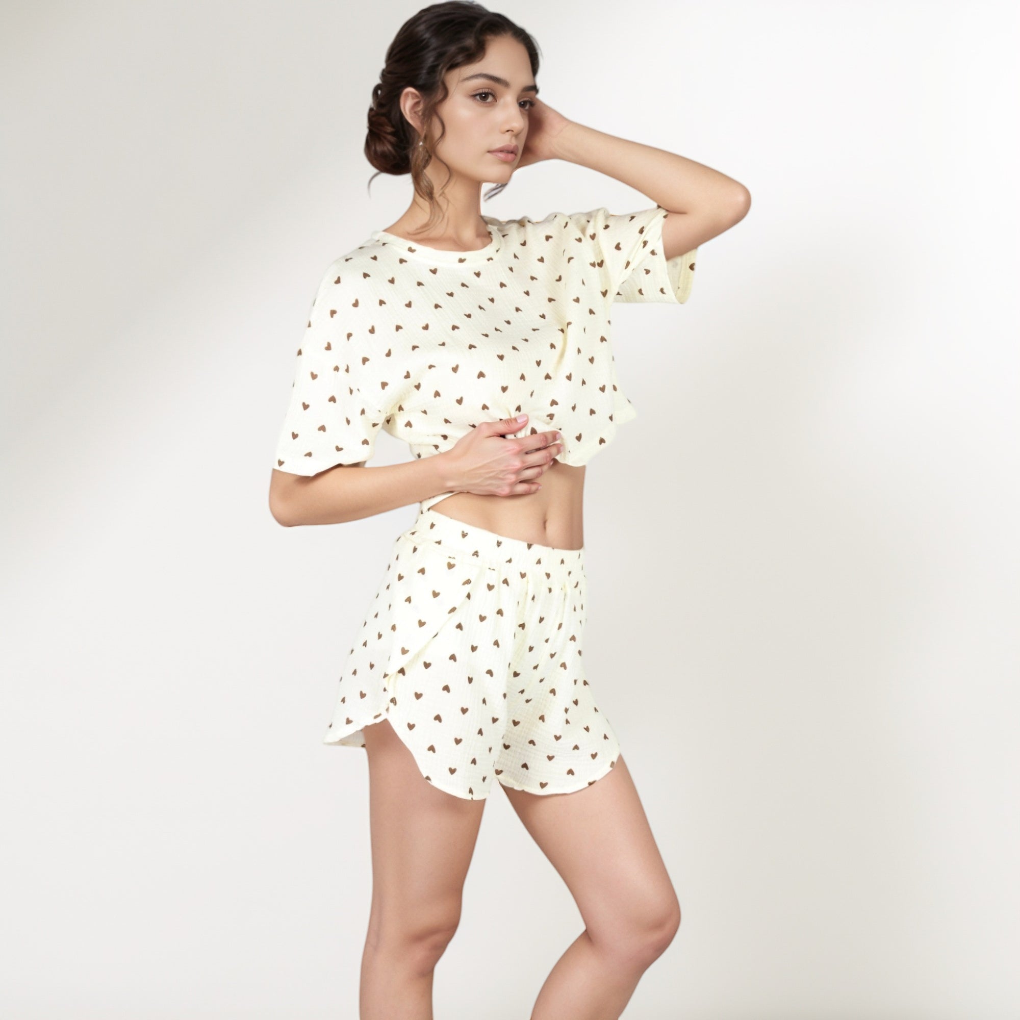 Anna-Kaci Lounge Women's Heart Print Waffle Knit Sleepwear Set with Cropped Tee and Elastic Waist Shorts