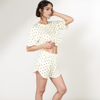 Anna-Kaci Lounge Women's Heart Print Waffle Knit Sleepwear Set with Cropped Tee and Elastic Waist Shorts