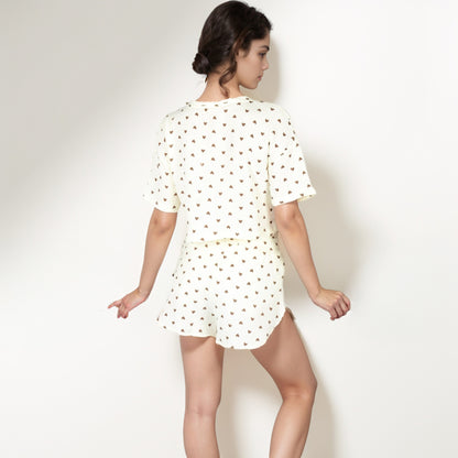 Anna-Kaci Lounge Women's Heart Print Waffle Knit Sleepwear Set with Cropped Tee and Elastic Waist Shorts