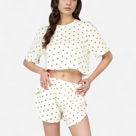 Anna-Kaci Lounge Women's Heart Print Waffle Knit Sleepwear Set with Cropped Tee and Elastic Waist Shorts