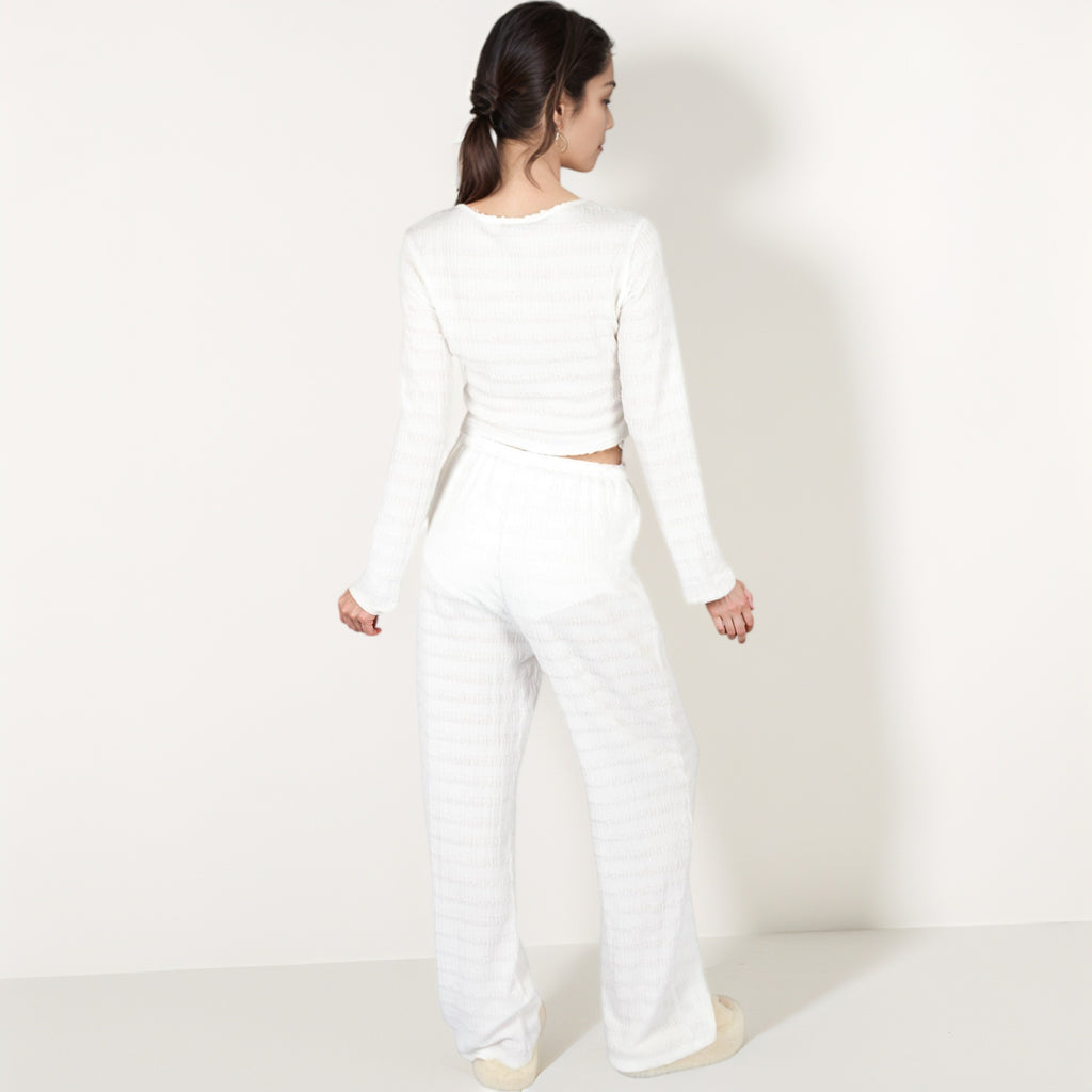 Anna-Kaci Lounge Women's Long Sleeve Waffle Knit Sleepwear Set with Front Tie Crop Top and Drawstring Lounge Pants