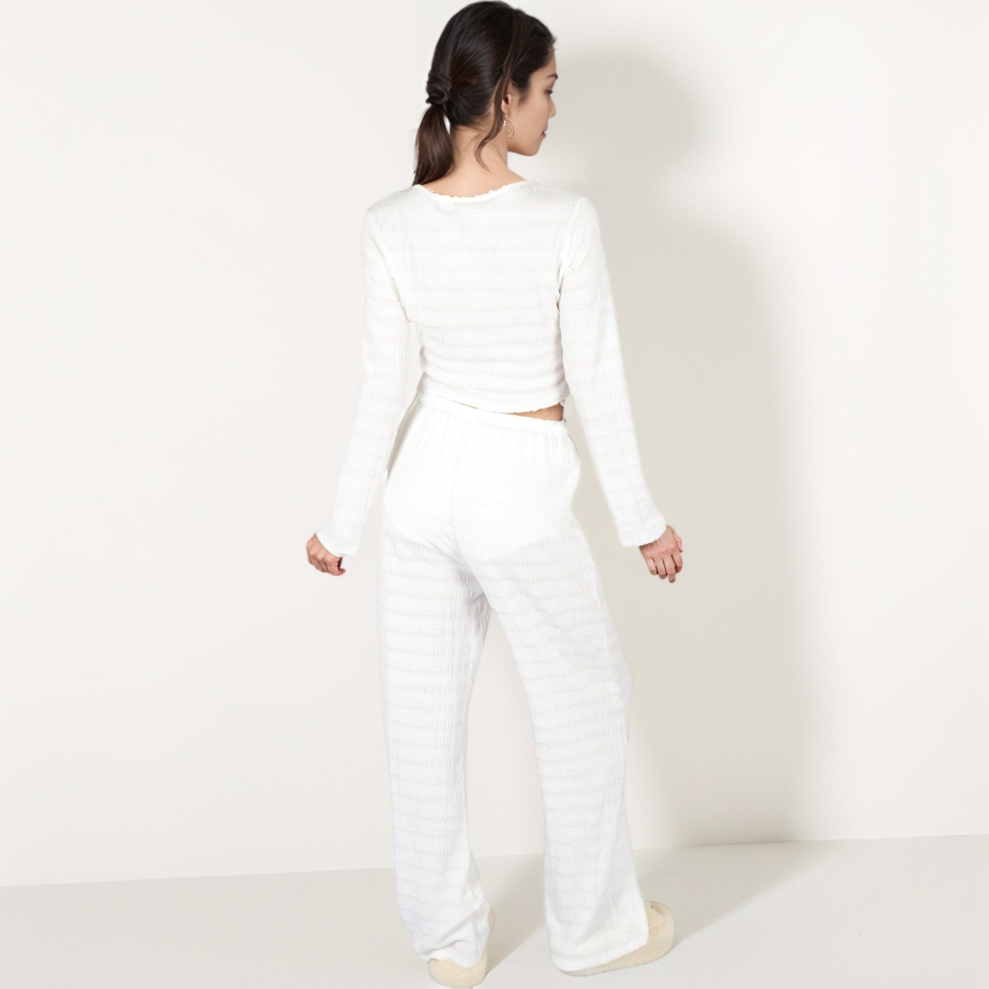 Anna-Kaci Lounge Women's Long Sleeve Waffle Knit Sleepwear Set with Front Tie Crop Top and Drawstring Lounge Pants
