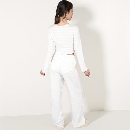 Anna-Kaci Lounge Women's Long Sleeve Waffle Knit Sleepwear Set with Front Tie Crop Top and Drawstring Lounge Pants