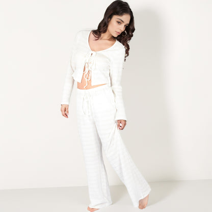 Anna-Kaci Lounge Women's Long Sleeve Waffle Knit Sleepwear Set with Front Tie Crop Top and Drawstring Lounge Pants