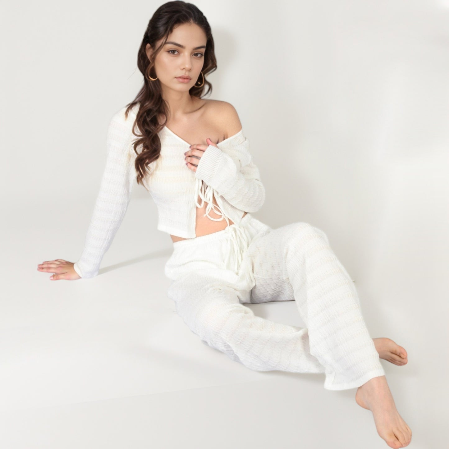 Anna-Kaci Lounge Women's Long Sleeve Waffle Knit Sleepwear Set with Front Tie Crop Top and Drawstring Lounge Pants