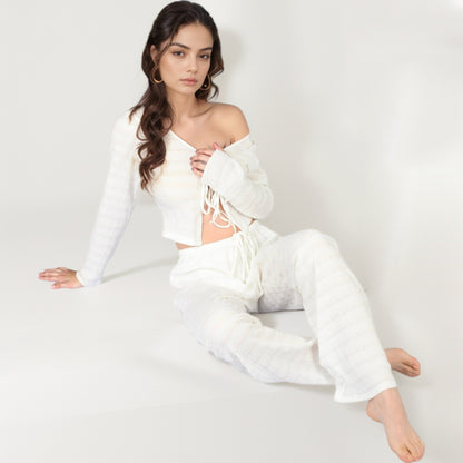Anna-Kaci Lounge Women's Long Sleeve Waffle Knit Sleepwear Set with Front Tie Crop Top and Drawstring Lounge Pants