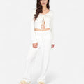 Anna-Kaci Lounge Women's Long Sleeve Waffle Knit Sleepwear Set with Front Tie Crop Top and Drawstring Lounge Pants