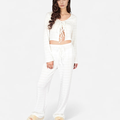 Anna-Kaci Lounge Women's Long Sleeve Waffle Knit Sleepwear Set with Front Tie Crop Top and Drawstring Lounge Pants