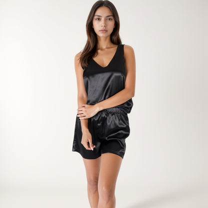 Anna-Kaci Lounge Women's Satin Sleepwear Set with Sleeveless V-Neck Top and Button-Detail Shorts