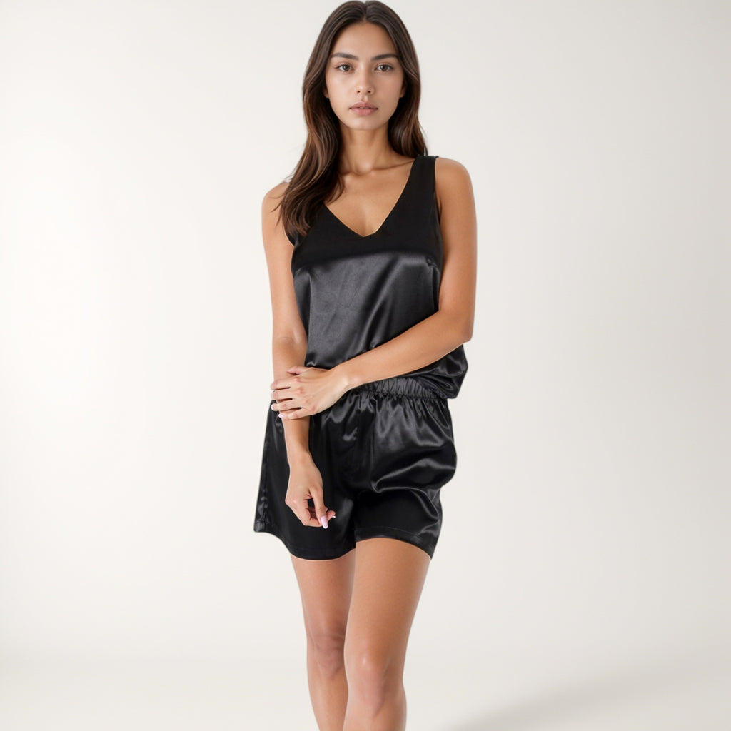 Anna-Kaci Lounge Women's Satin Sleepwear Set with Sleeveless V-Neck Top and Button-Detail Shorts