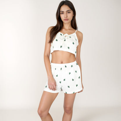 Anna-Kaci Lounge Women's Cactus Print Crop Top and Shorts Set with Adjustable Tie Front and Soft Cotton Fabric
