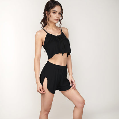 Anna-Kaci Lounge Women's Ribbed Knit Crop Top and Shorts Set with Adjustable Tie Front and Side Slit Hem Shorts