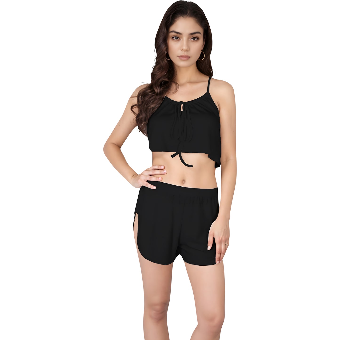 Anna-Kaci Lounge Women's Ribbed Knit Crop Top and Shorts Set with Adjustable Tie Front and Side Slit Hem Shorts