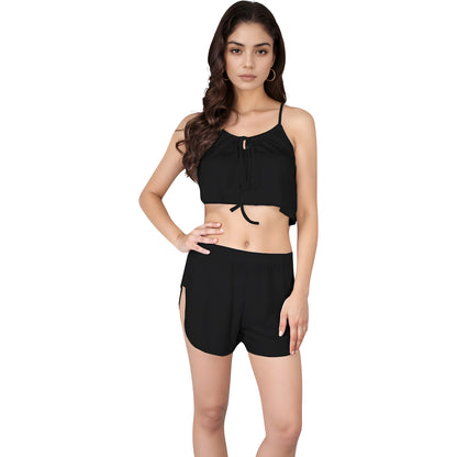 Anna-Kaci Lounge Women's Ribbed Knit Crop Top and Shorts Set with Adjustable Tie Front and Side Slit Hem Shorts