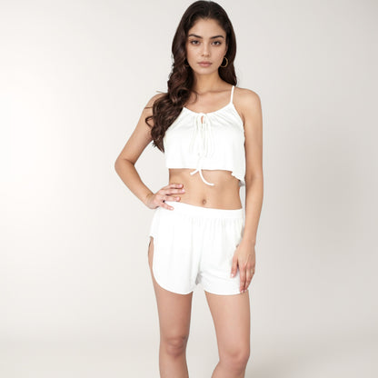 Anna-Kaci Lounge Women's Ribbed Knit Crop Top and Shorts Set with Adjustable Tie Front and Side Slit Hem Shorts