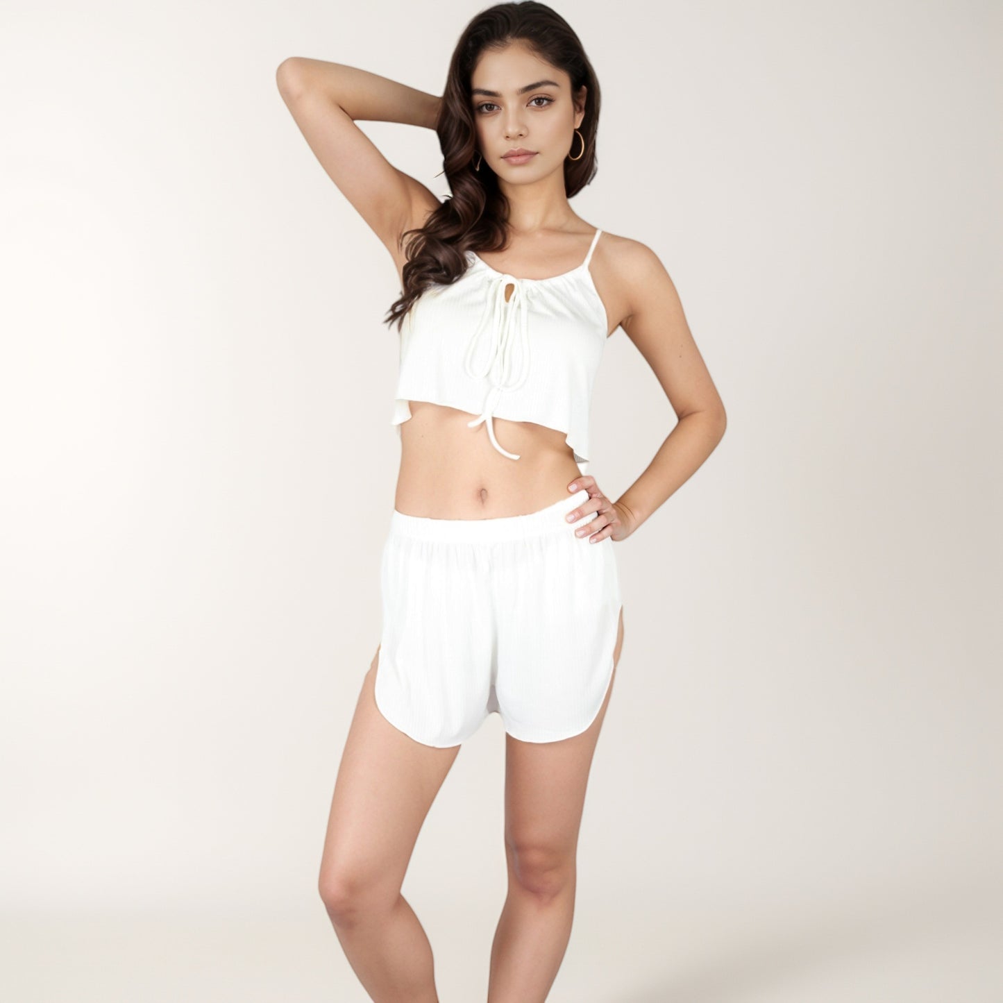 Anna-Kaci Lounge Women's Ribbed Knit Crop Top and Shorts Set with Adjustable Tie Front and Side Slit Hem Shorts