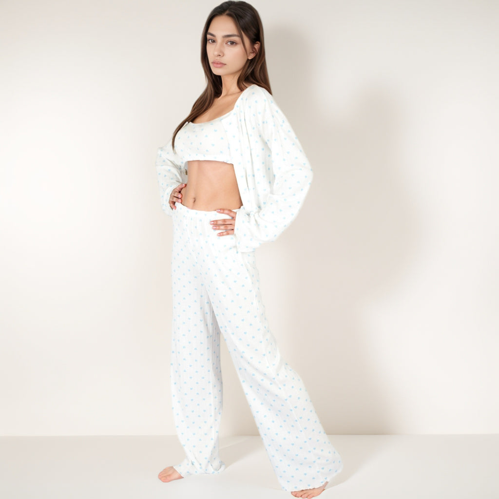 Anna-Kaci Lounge Women's Heart Print Long Sleeve Cropped Top and Wide Leg Pajama Pants Lounge Set