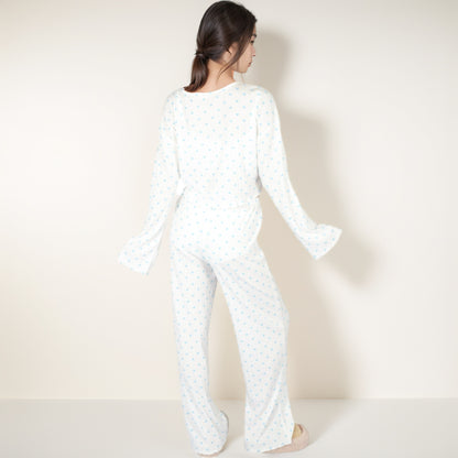 Anna-Kaci Lounge Women's Heart Print Long Sleeve Cropped Top and Wide Leg Pajama Pants Lounge Set