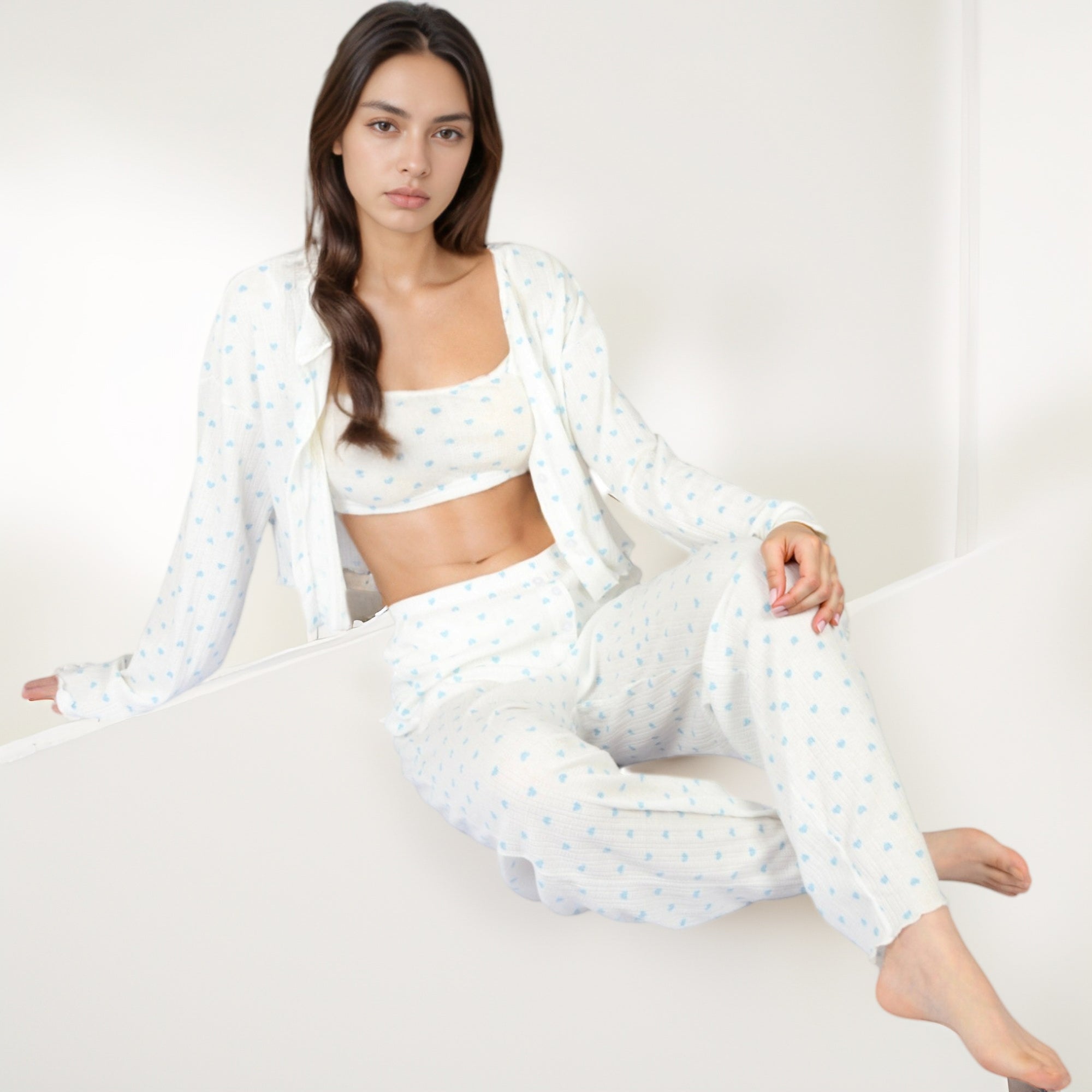 Anna-Kaci Lounge Women's Heart Print Long Sleeve Cropped Top and Wide Leg Pajama Pants Lounge Set