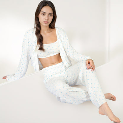 Anna-Kaci Lounge Women's Heart Print Long Sleeve Cropped Top and Wide Leg Pajama Pants Lounge Set
