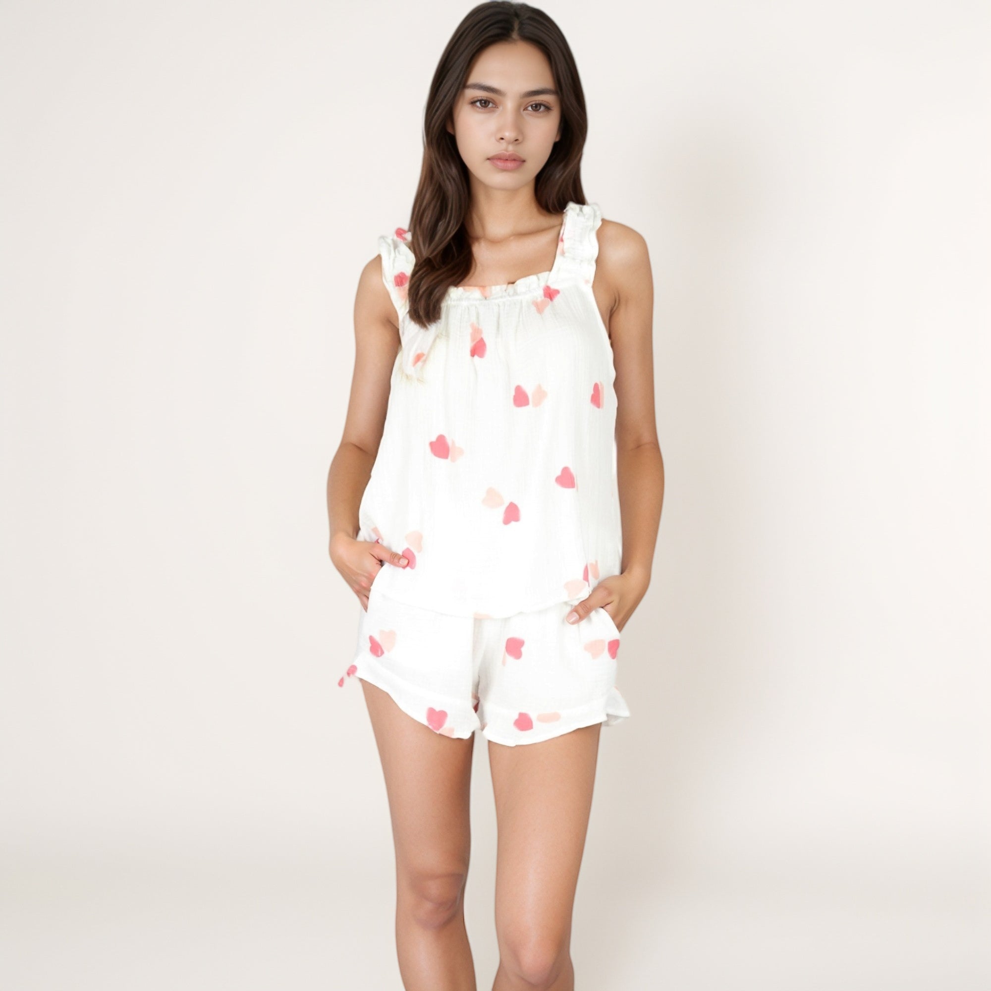 Anna-Kaci Lounge Women's Ruffle Strap Pajama Set with Peach Heart Print and Flowy Sleeveless Top