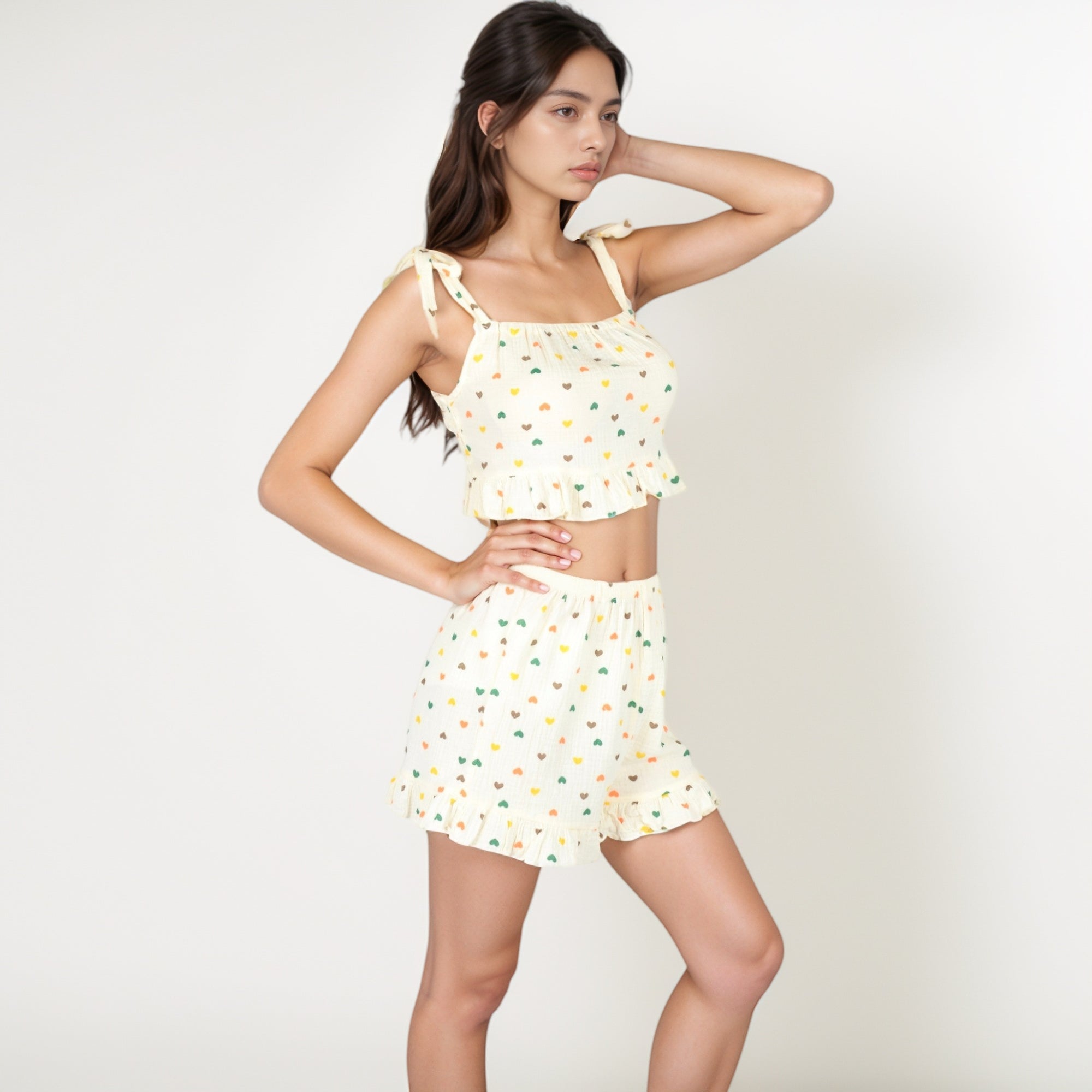 Anna-Kaci Lounge Women's Ruffle Hem Pajama Set with Tie Strap Crop Top and Multicolor Heart Print