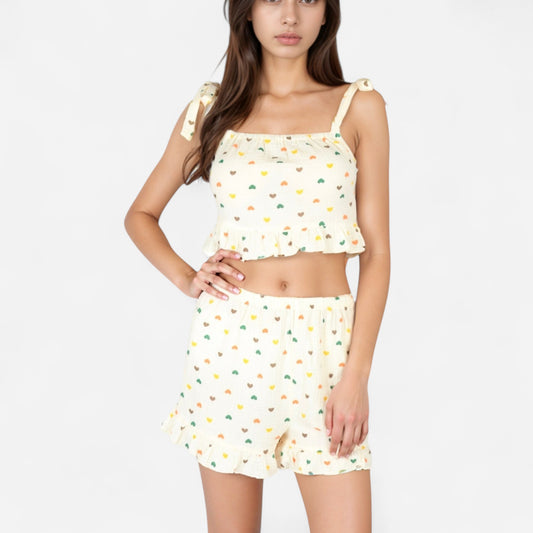 Anna-Kaci Lounge Women's Ruffle Hem Pajama Set with Tie Strap Crop Top and Multicolor Heart Print