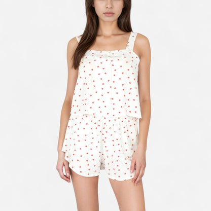 Anna-Kaci Lounge Women's Heart Print Pajama Set with Wide Strap Tank Top and Elastic Waist Shorts