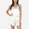 Anna-Kaci Lounge Women's Satin Heart Print Cami Sleepwear Set with Contrast Trim and Ruffle Hem Shorts