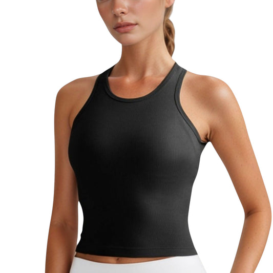 Anna-Kaci Active Women's Ribbed Black High Neck Crop Tank Top for Active and Casual Wear