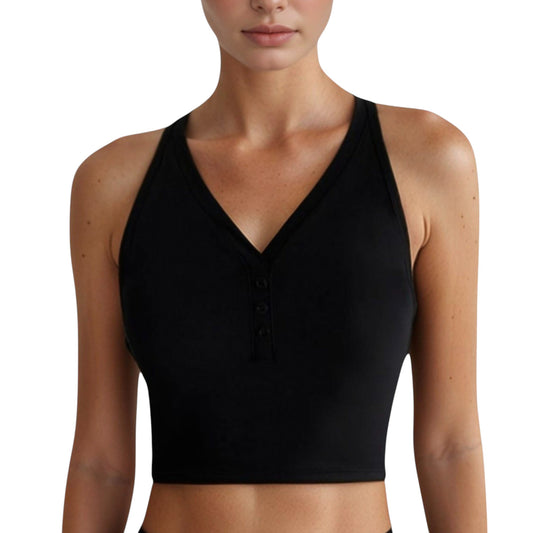 Anna-Kaci Active Women's Longline V-Neck Sports Bra with Faux Button Detail and Wide Shoulder Straps for Low Impact Support