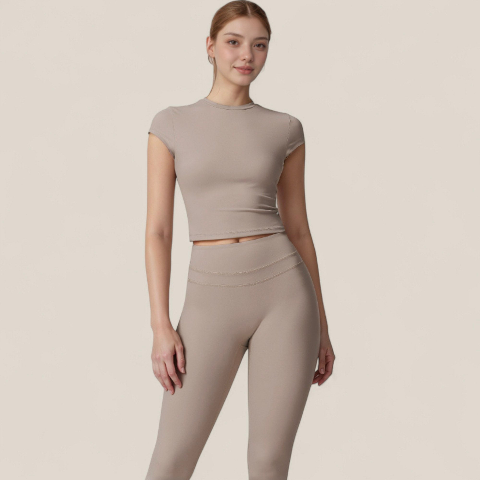 Anna-Kaci Active Women's Fitted Crop Active Tee Short Sleeve Round Neck Stretch Performance Fabric - Small, Beige