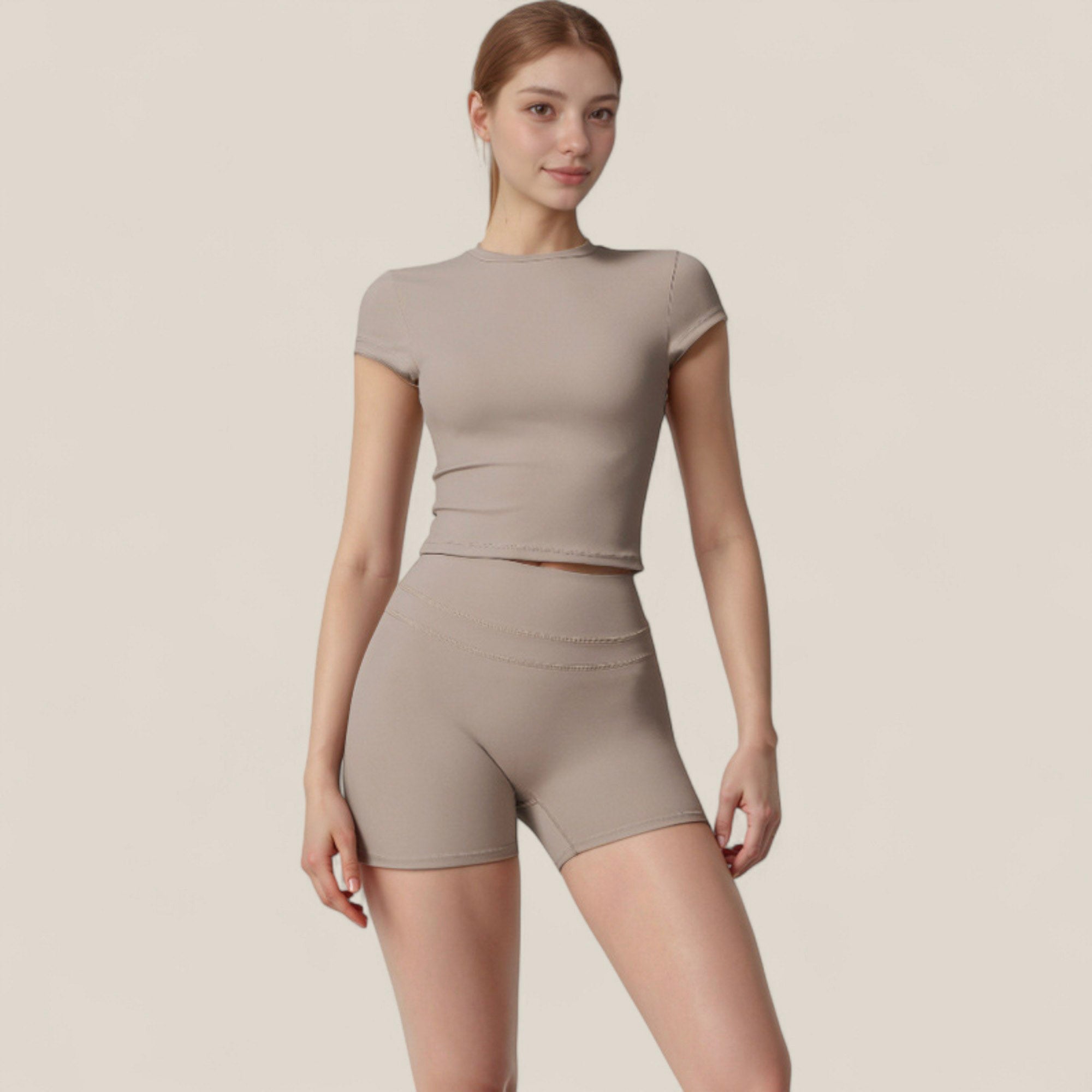 Anna-Kaci Active Women's Fitted Crop Active Tee Short Sleeve Round Neck Stretch Performance Fabric - Small, Beige