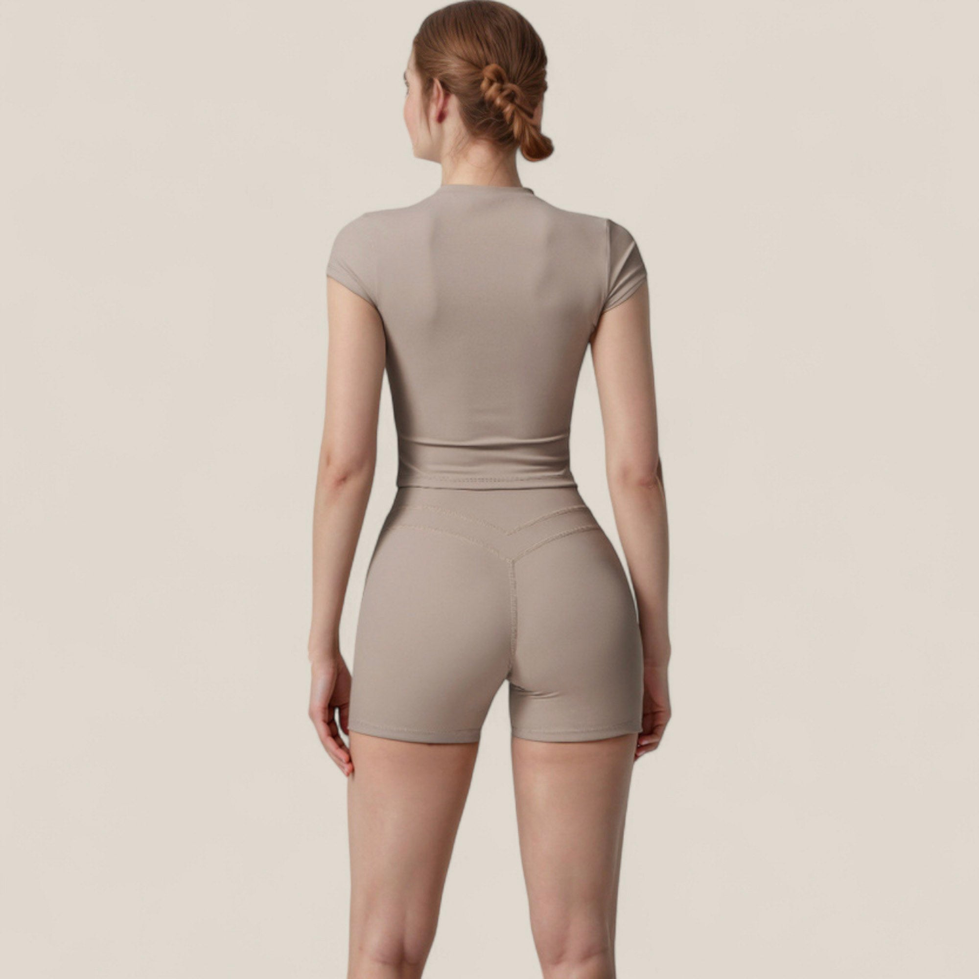 Anna-Kaci Active Women's Fitted Crop Active Tee Short Sleeve Round Neck Stretch Performance Fabric - Small, Beige