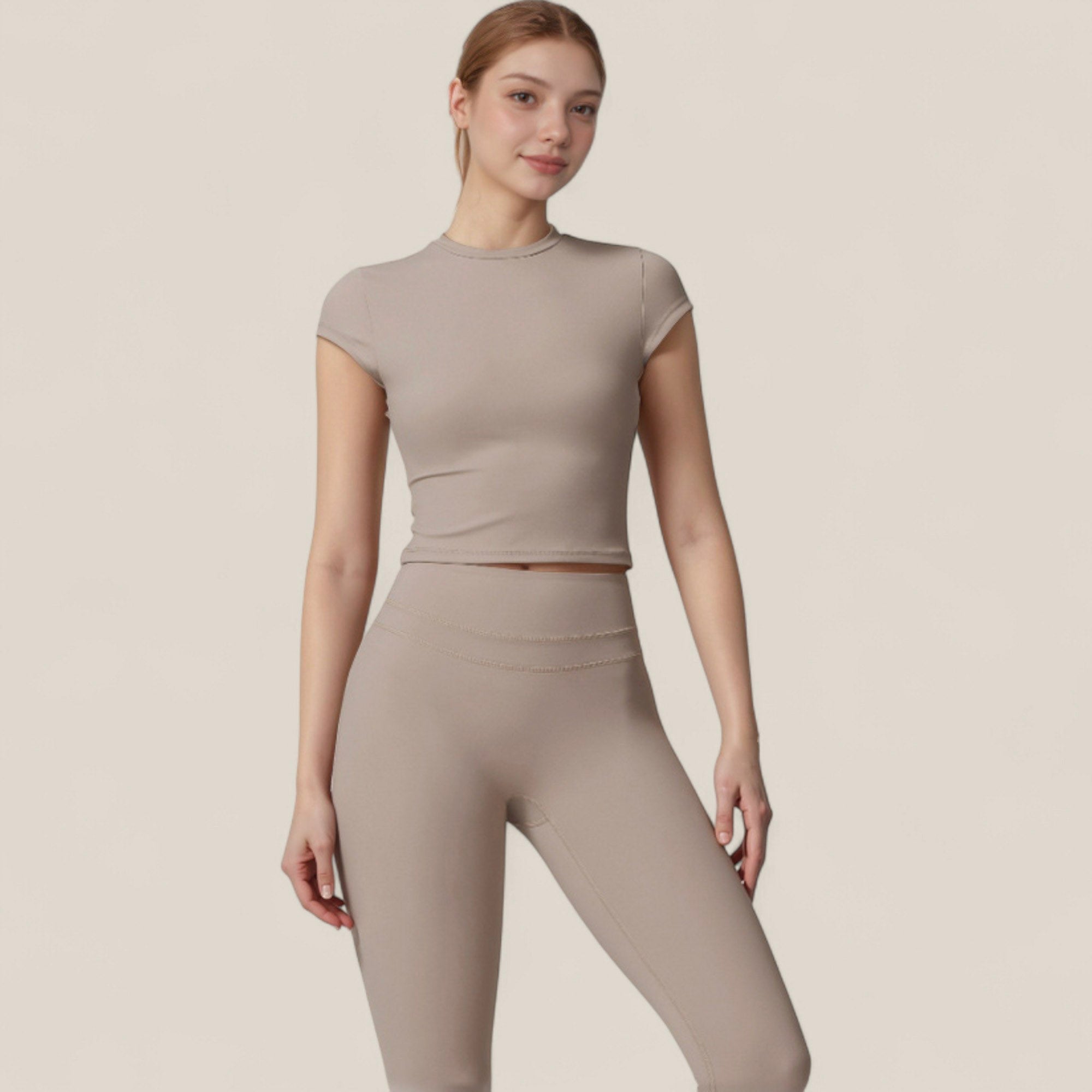 Anna-Kaci Active Women's Fitted Crop Active Tee Short Sleeve Round Neck Stretch Performance Fabric - Small, Beige