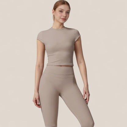 Anna-Kaci Active Women's Fitted Crop Active Tee Short Sleeve Round Neck Stretch Performance Fabric - Small, Beige
