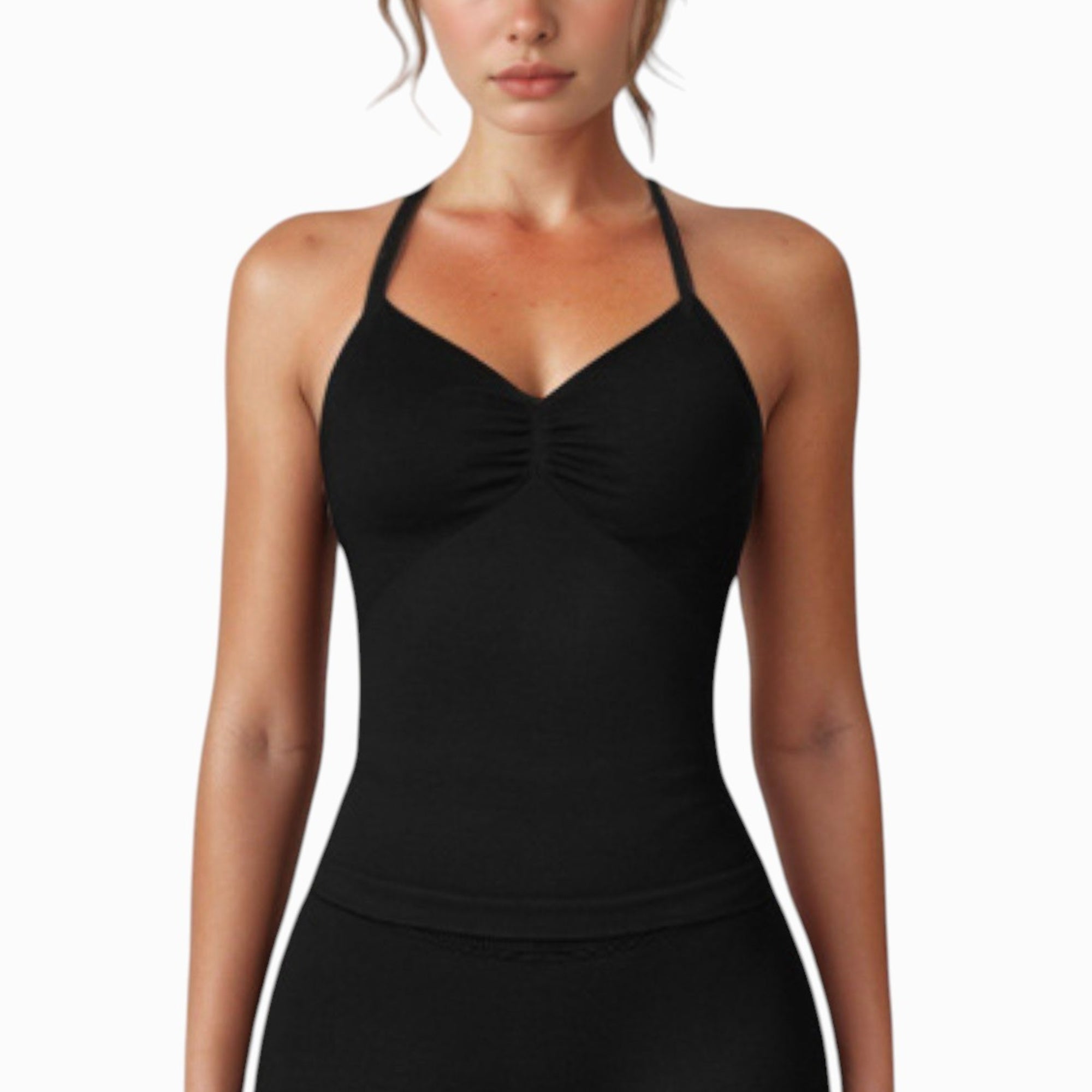 anna kaci Anna-Kaci Active Women's Seamless Padded Cami Tank Top with Ruched Front Detail and Adjustable Halter Straps - Small Gray