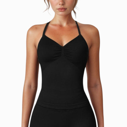 Anna-Kaci Active Women's Seamless Padded Cami Tank Top with Ruched Front Detail and Adjustable Halter Straps - Small, Gray