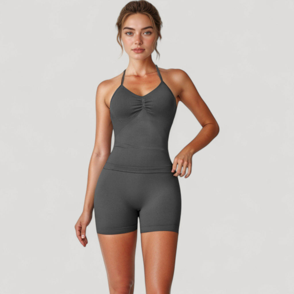 Anna-Kaci Active Women's Seamless Padded Cami Tank Top with Ruched Front Detail and Adjustable Halter Straps - Small, Gray