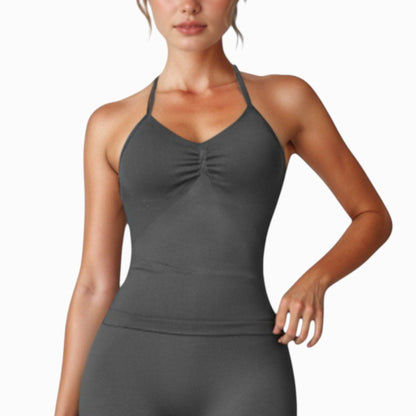 Anna-Kaci Active Women's Seamless Padded Cami Tank Top with Ruched Front Detail and Adjustable Halter Straps - Small, Gray