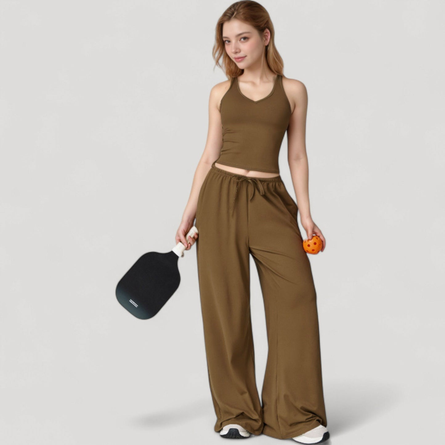 Anna-Kaci Active Women's Cropped Active Tank Top with Built-In Bra and Racerback Design - Small, Brown