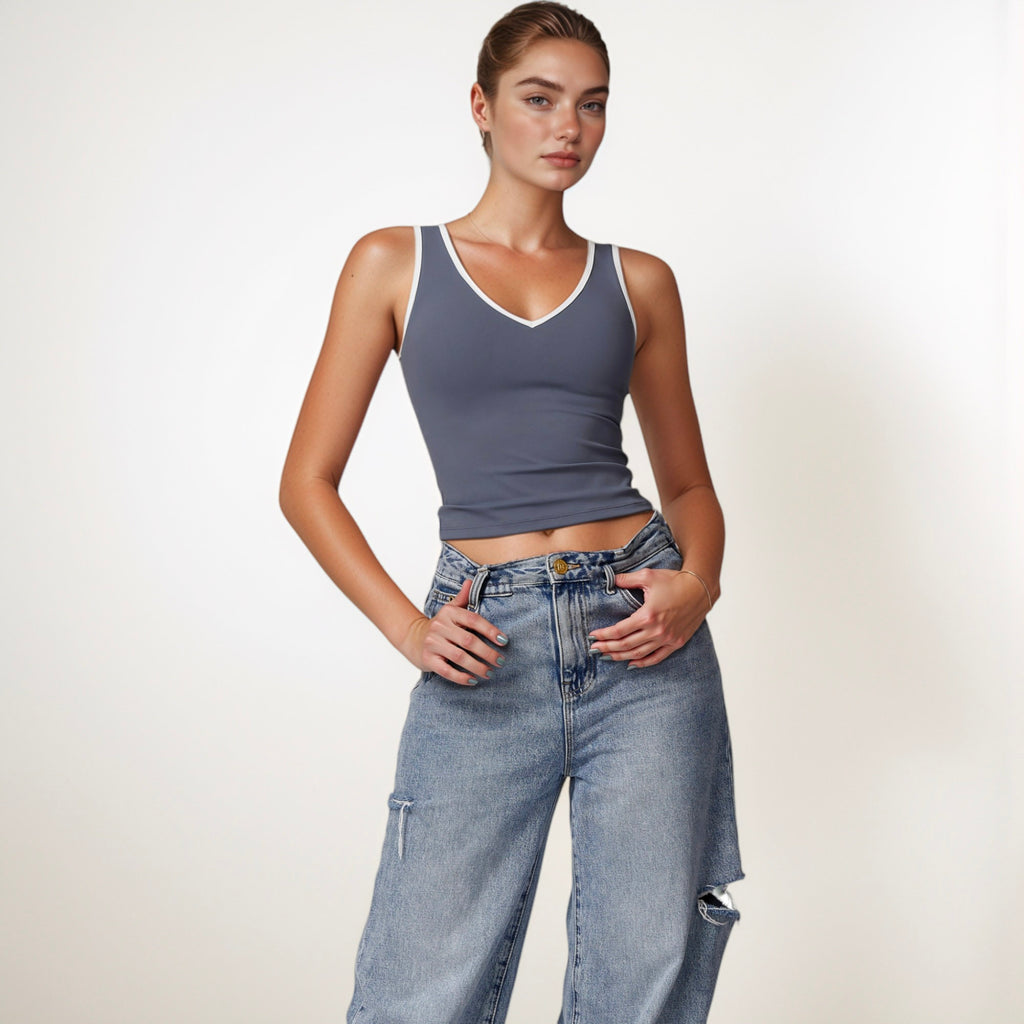 Anna-Kaci Active Women's Contrast Trim Cropped Tank Top with Scoop Neck and Stretch Fit for Yoga and Everyday Wear