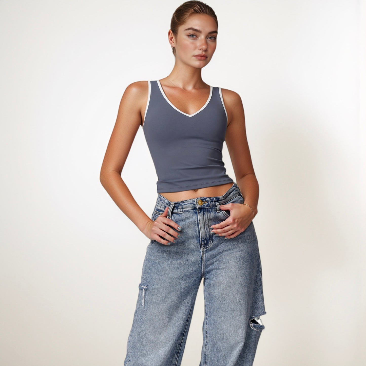 Anna-Kaci Active Women's Contrast Trim Cropped Tank Top with Scoop Neck and Stretch Fit for Yoga and Everyday Wear