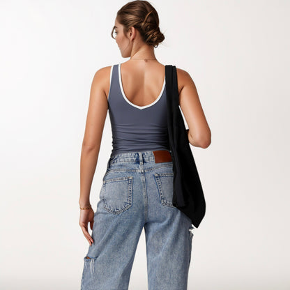 Anna-Kaci Active Women's Contrast Trim Cropped Tank Top with Scoop Neck and Stretch Fit for Yoga and Everyday Wear