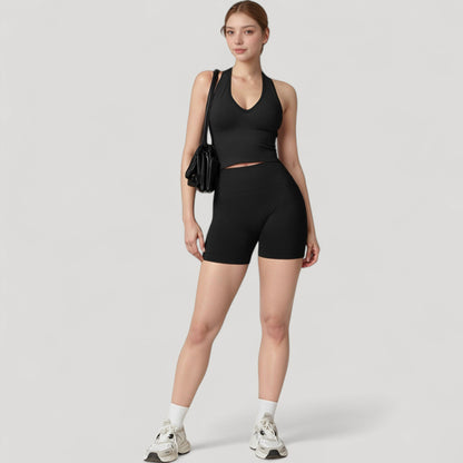 Anna-Kaci Active Women's Seamless Ribbed Knit Halter Crop Top with V-Neckline and Built-In Support
