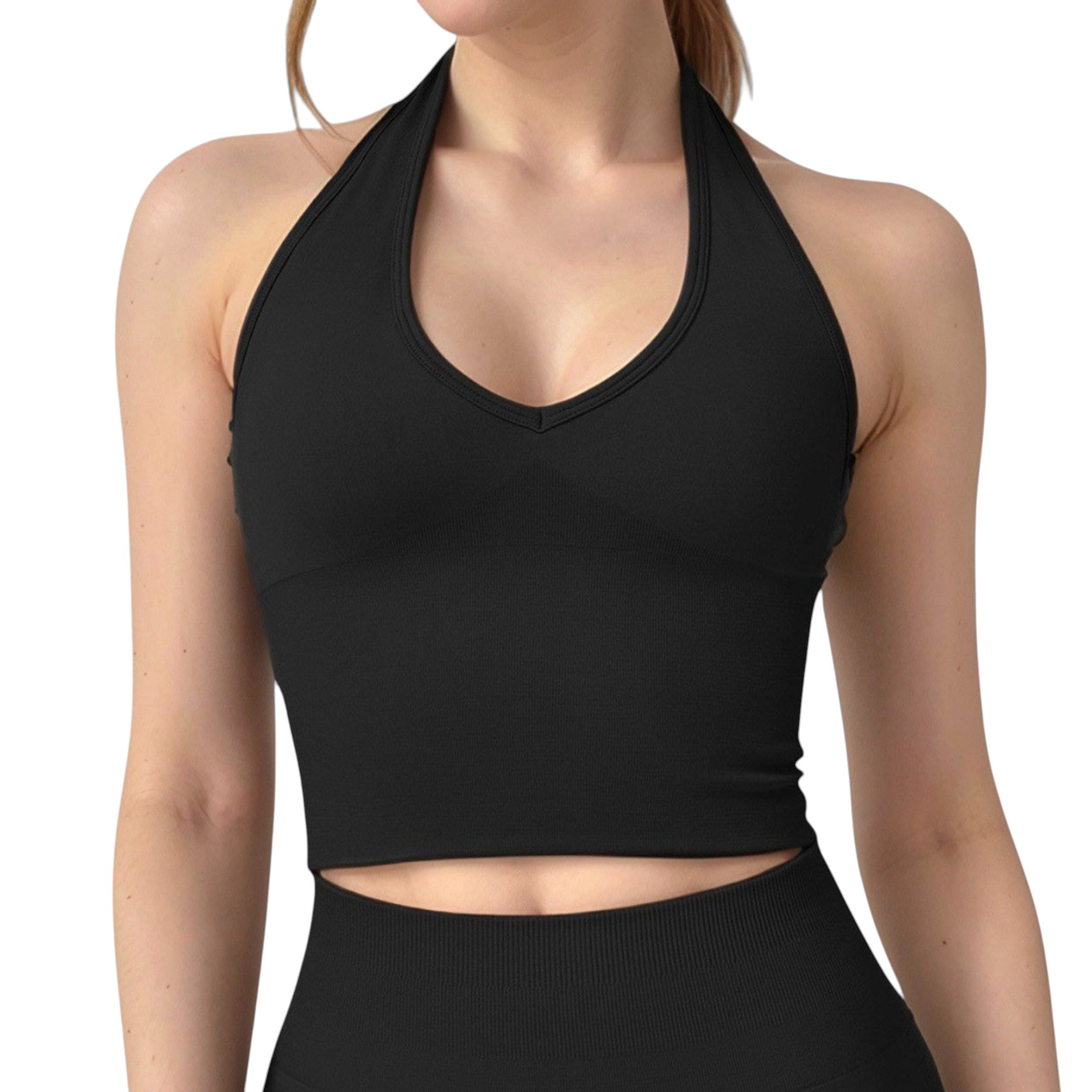 Anna-Kaci Active Women's Seamless Ribbed Knit Halter Crop Top with V-Neckline and Built-In Support