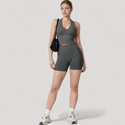 Anna-Kaci Active Women's Seamless Ribbed Knit Halter Crop Top with V-Neckline and Built-In Support